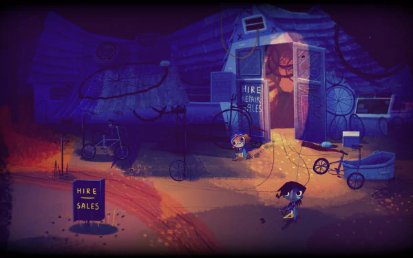 HD desktop wallpaper from Knights and Bikes game featuring a character in a shadowy, whimsical bike hire scene.