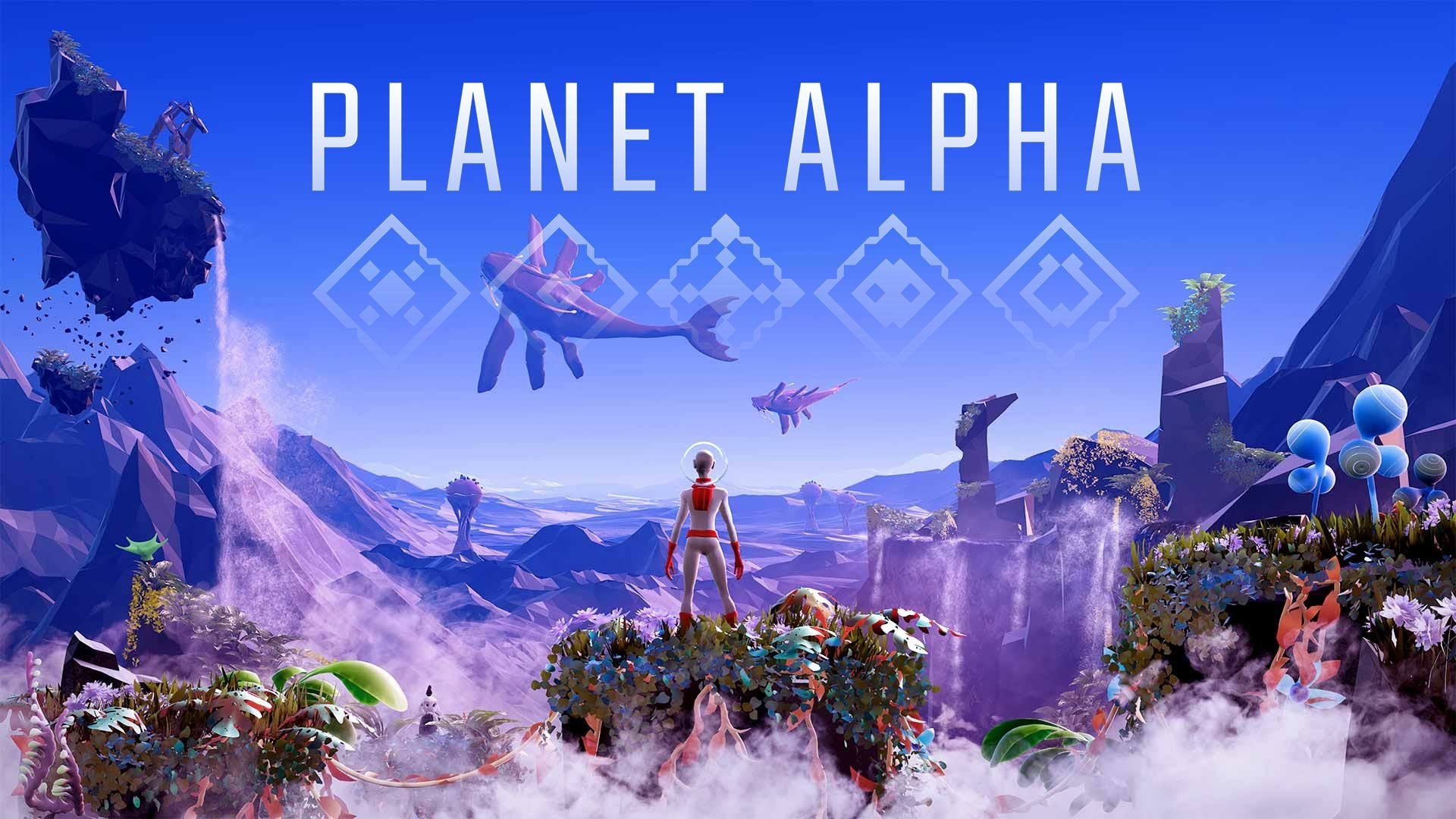 HD desktop wallpaper featuring Planet Alpha with a vivid landscape, fantastical creatures, and a humanoid figure amidst floating islands and alien flora.