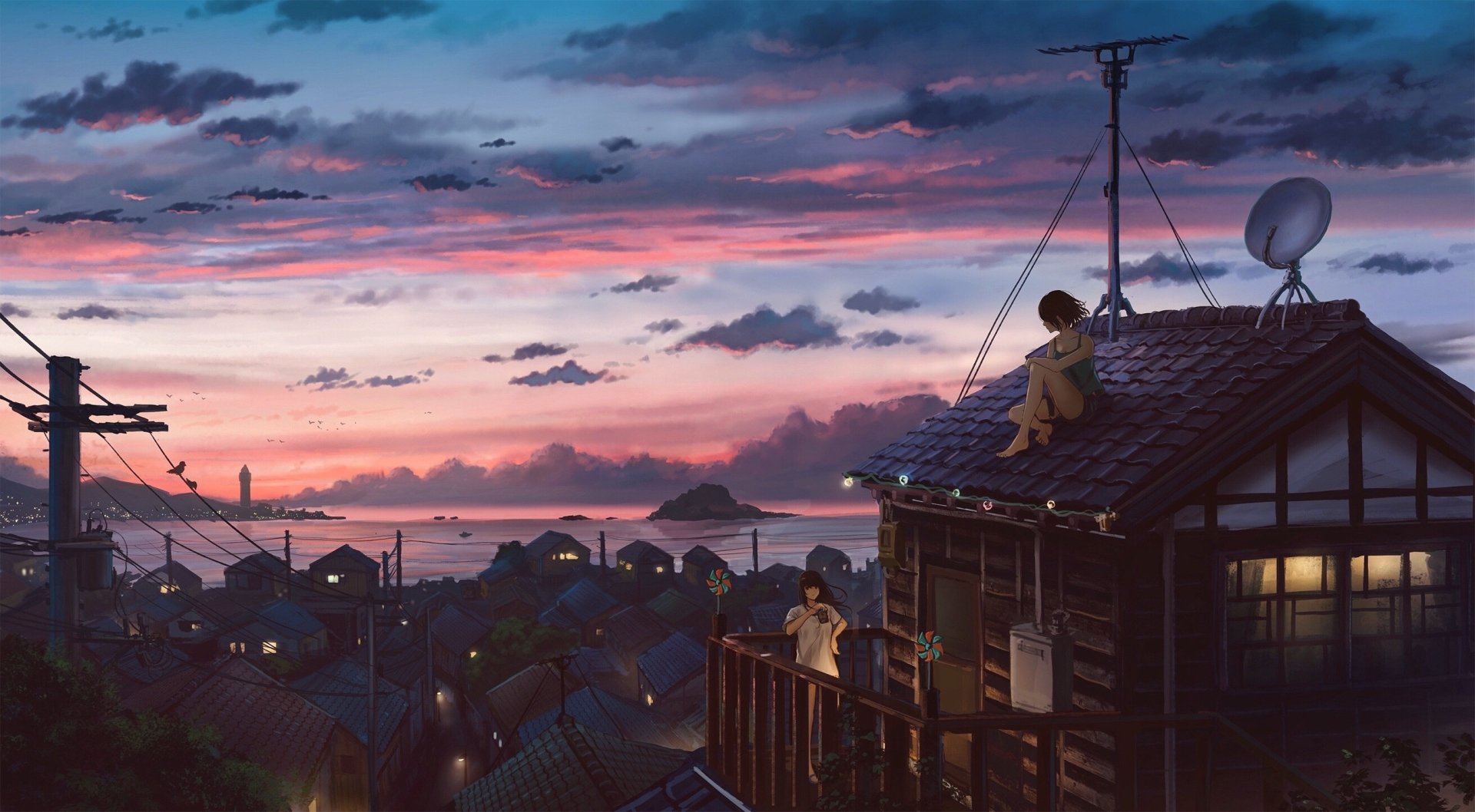 Anime HD desktop wallpaper featuring an original artwork of a town at sunset. Characters are seen enjoying a tranquil moment on rooftops, with a stunning sky and scenic background.