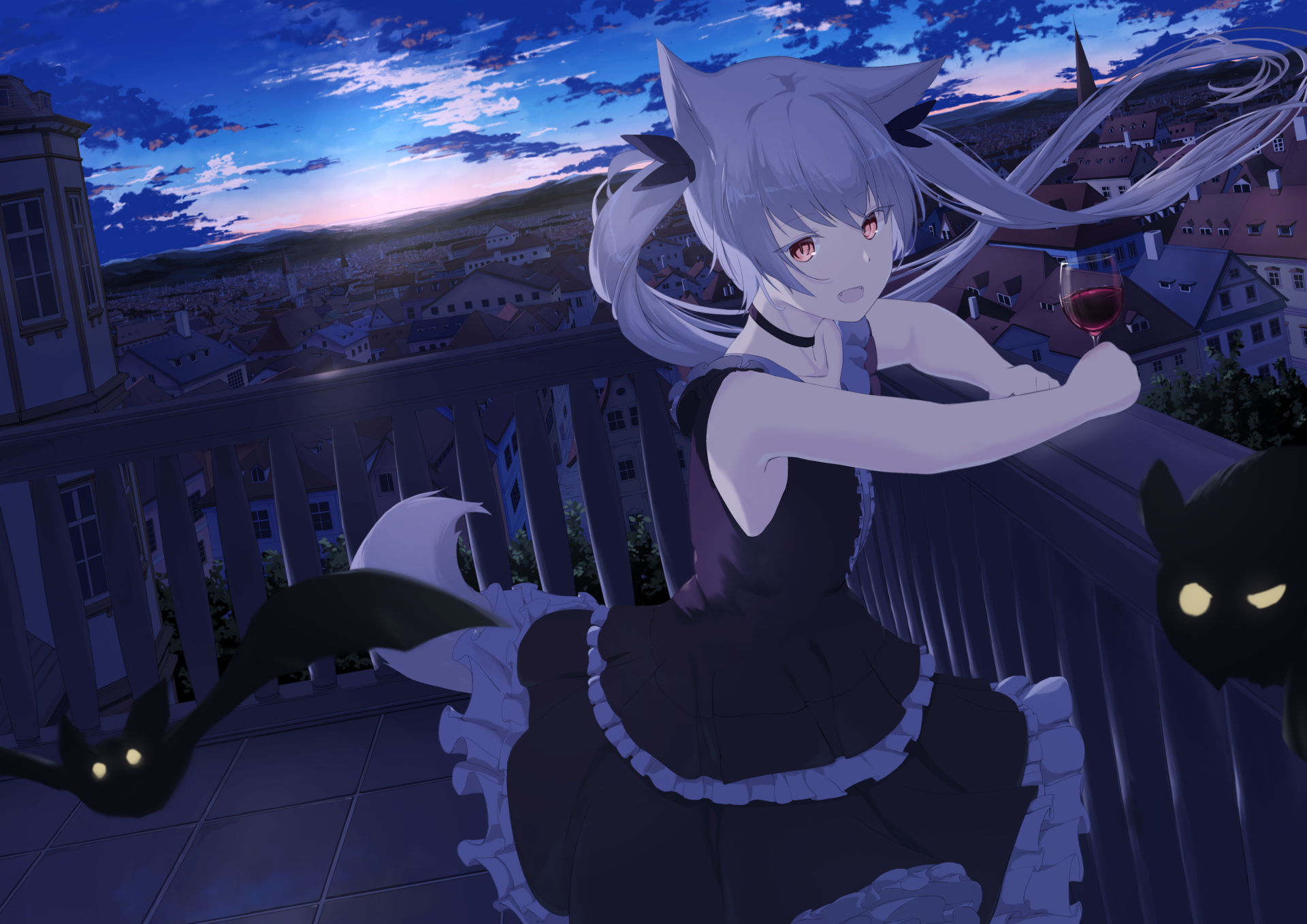 HD anime-style original desktop wallpaper featuring a girl with fox ears and tail, standing on a balcony at dusk, surrounded by glowing black cats against a cityscape backdrop.