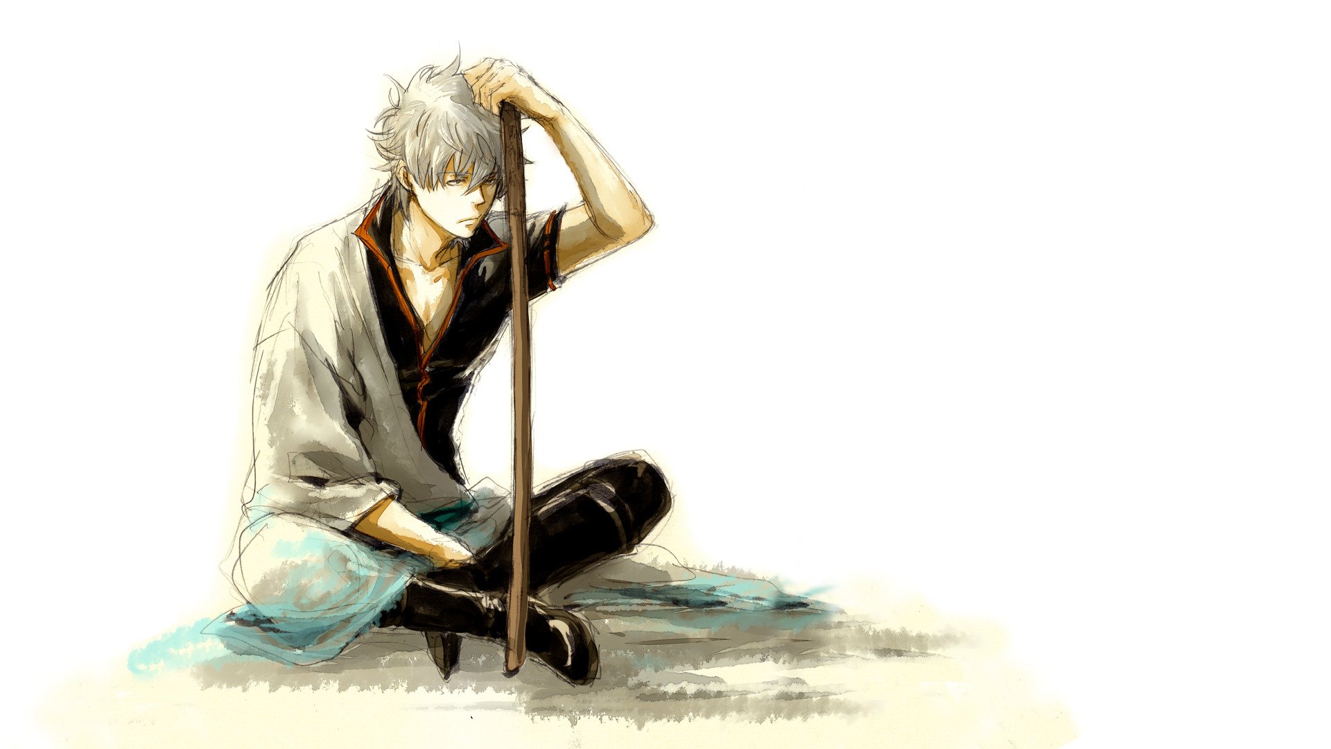 HD anime desktop wallpaper featuring Gintoki Sakata from Gintama, seated with a wooden sword resting beside him on a light, minimal background.