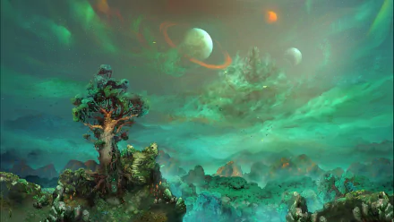 HD wallpaper of Children of Morta game with a cosmic landscape featuring planets, a mystical tree, and ethereal skies.