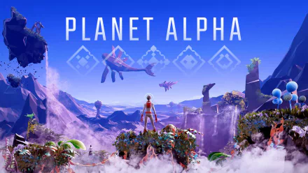 HD desktop wallpaper featuring Planet Alpha with a vivid landscape, fantastical creatures, and a humanoid figure amidst floating islands and alien flora.