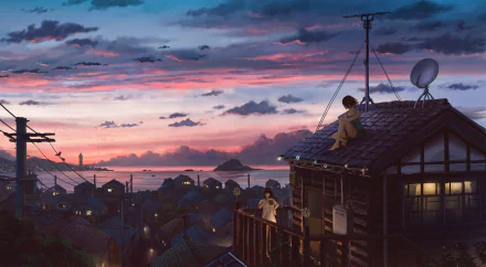Anime HD desktop wallpaper featuring an original artwork of a town at sunset. Characters are seen enjoying a tranquil moment on rooftops, with a stunning sky and scenic background.