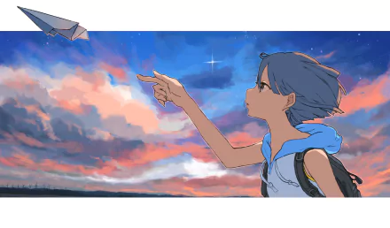 Original anime HD PC desktop wallpaper: short-haired youth in a hoodie with a bag points at a paper plane against a vibrant sunset sky.