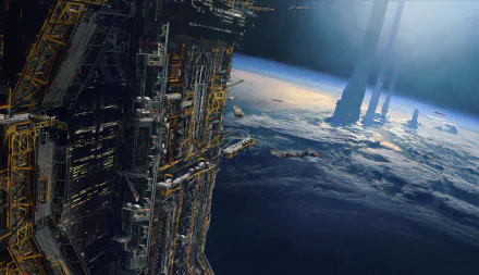 Futuristic sci-fi scene of a massive space station orbiting a detailed planetscape, captured in high-definition as a striking PC desktop wallpaper and background.