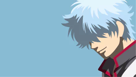 Gintoki Sakata from Gintama as an HD PC desktop wallpaper: close-up profile with silver hair, faint smile and red-trimmed collar against a pale blue background.