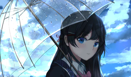 Tsukino Mito (anime Virtual YouTuber) portrait holding a clear umbrella in rain, blue-eyed against a bright cloudy sky — 2K Quad HD PC desktop wallpaper/background.
