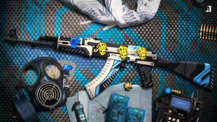 HD PC desktop wallpaper featuring an AK 47 from the video game Counter-Strike: Global Offensive with detailed textures and vibrant blue accents.