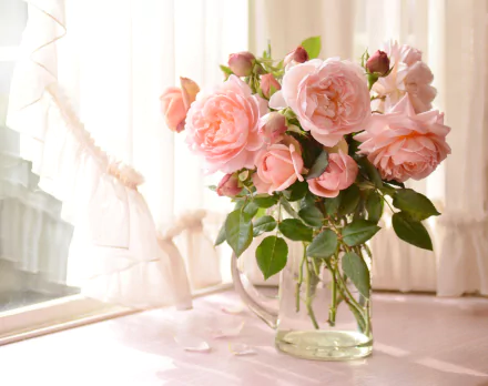HD desktop wallpaper: still-life of pink roses and peony blooms in a glass vase on a sunlit windowsill, earth-grown flowers meet man-made vase.