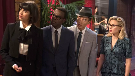 Chidi Anagonye William Jackson Harper Jason Mendoza Manny Jacinto Eleanor Shellstrop Kristen Bell Tahani Al-Jamil Jameela Jamil TV Show The Good Place HD Desktop Wallpaper | Background Image