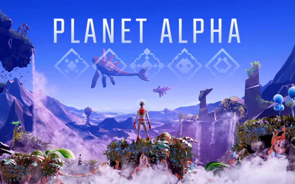HD desktop wallpaper featuring Planet Alpha with a vivid landscape, fantastical creatures, and a humanoid figure amidst floating islands and alien flora.