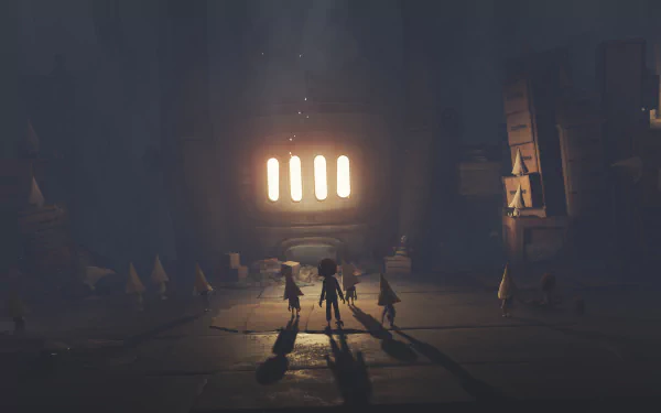 4K Ultra HD PC desktop wallpaper featuring a dark, eerie scene from the video game Little Nightmares with shadowy figures facing a glowing barred window.