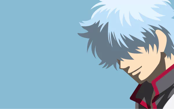 Gintoki Sakata from Gintama as an HD PC desktop wallpaper: close-up profile with silver hair, faint smile and red-trimmed collar against a pale blue background.