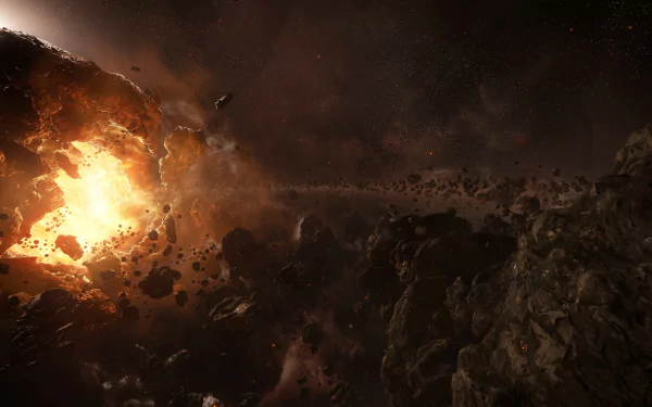 HD desktop wallpaper depicting a dramatic Sci-Fi scene of an asteroid collision in space, with a fiery explosion amidst a star-studded background.