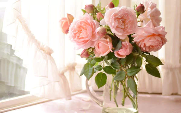 HD desktop wallpaper: still-life of pink roses and peony blooms in a glass vase on a sunlit windowsill, earth-grown flowers meet man-made vase.