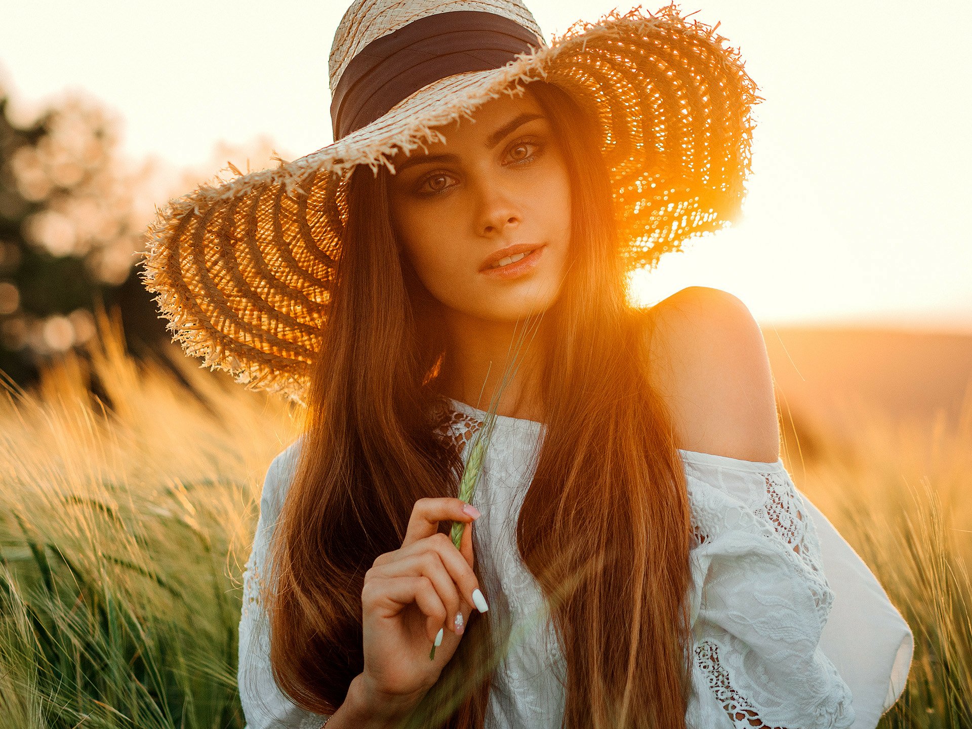 Download Summer Depth Of Field Hat Long Hair Brunette Woman Model HD ...