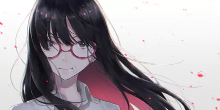 HD anime-style original artwork of a girl with long black hair and red glasses, set against a light background with scattered pink petals, designed as a PC desktop wallpaper.