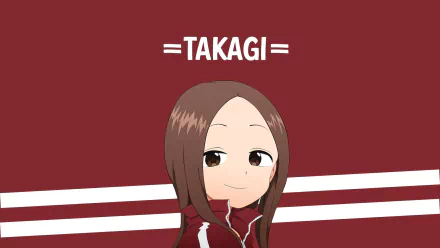 A HD desktop wallpaper featuring Takagi from the anime Karakai Jouzu no Takagi-san, with a maroon background and white stripes.