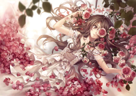 Original anime 2K Quad HD desktop wallpaper: long brown-haired girl with brown eyes lies amid roses and petals, wearing a flowing white dress and a flower crown.
