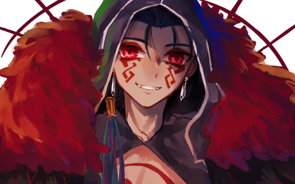 HD PC desktop wallpaper featuring Cu Chulainn Alter from Fate/Grand Order, showcasing his intense red eyes, intricate tattoos, and dark hooded attire with vibrant feathered accents.
