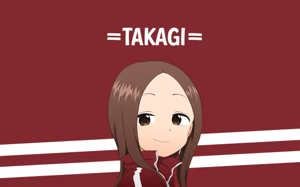 A HD desktop wallpaper featuring Takagi from the anime Karakai Jouzu no Takagi-san, with a maroon background and white stripes.