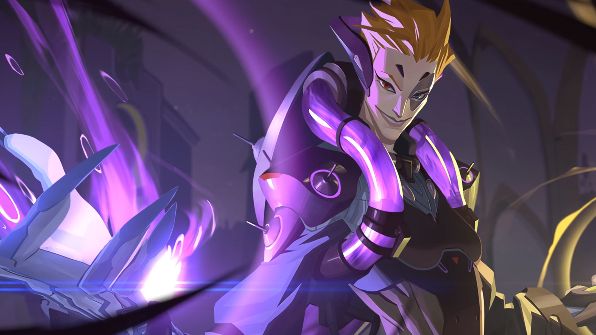 HD PC desktop wallpaper featuring Moira, a character from the video game Overwatch, depicted with glowing purple energy and a confident pose.