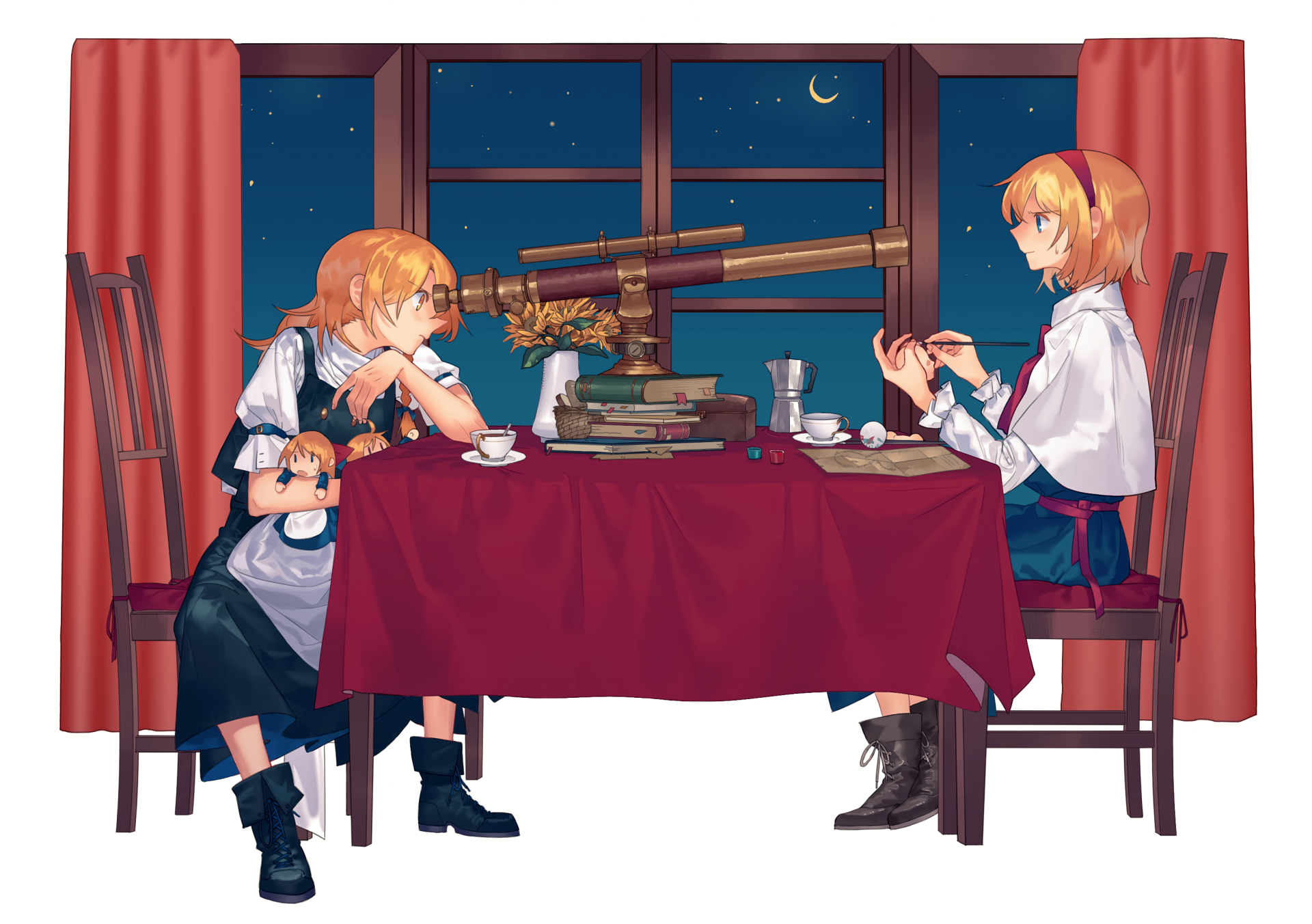 2K Quad HD PC desktop wallpaper — Touhou anime: Alice Margatroid and Marisa Kirisame share tea at a table by a window, telescope and books between them.