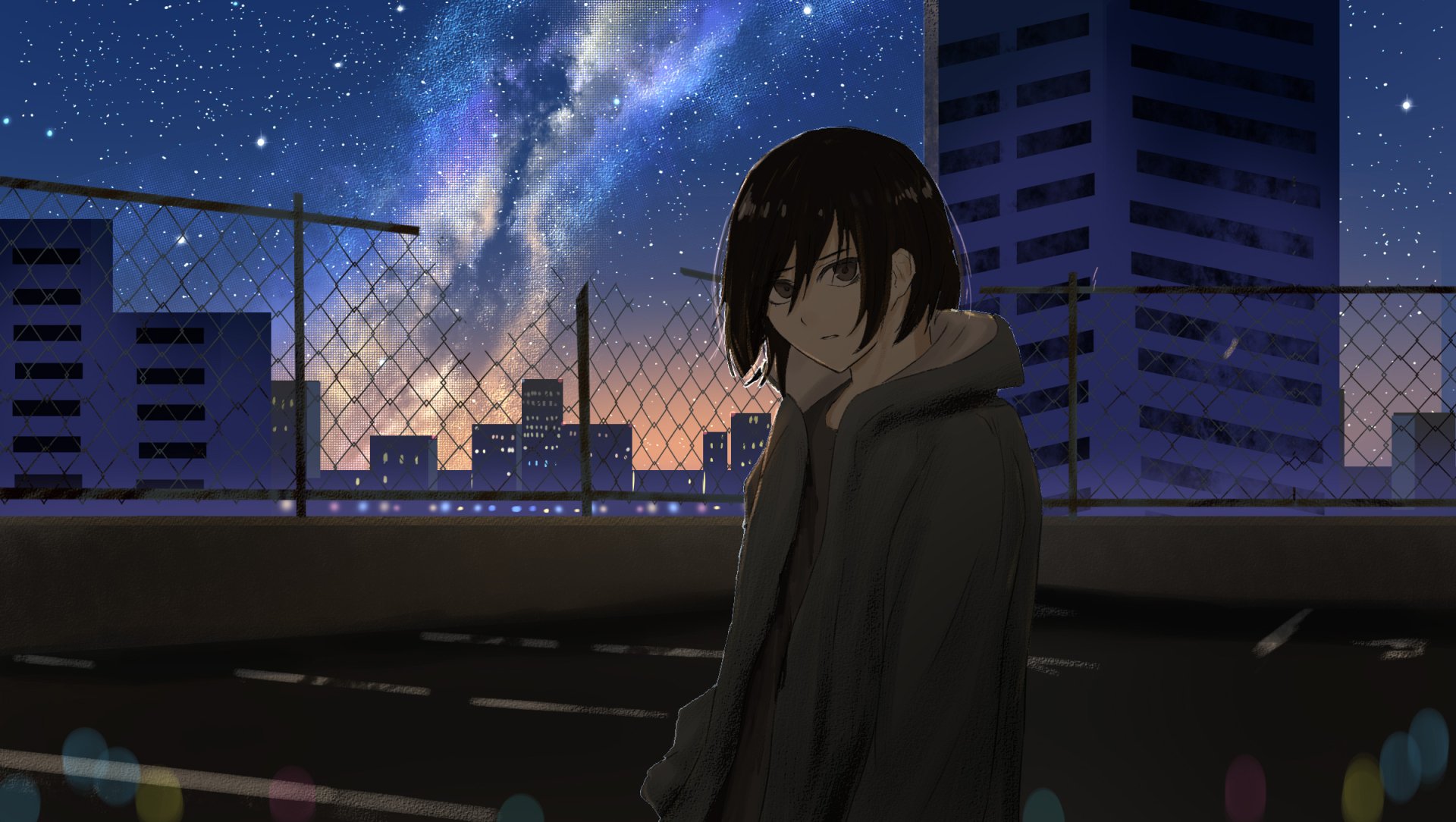 Anime-style HD desktop wallpaper of a short-haired character with black hair and brown eyes, standing on a rooftop with a cityscape and starry night sky in the background.