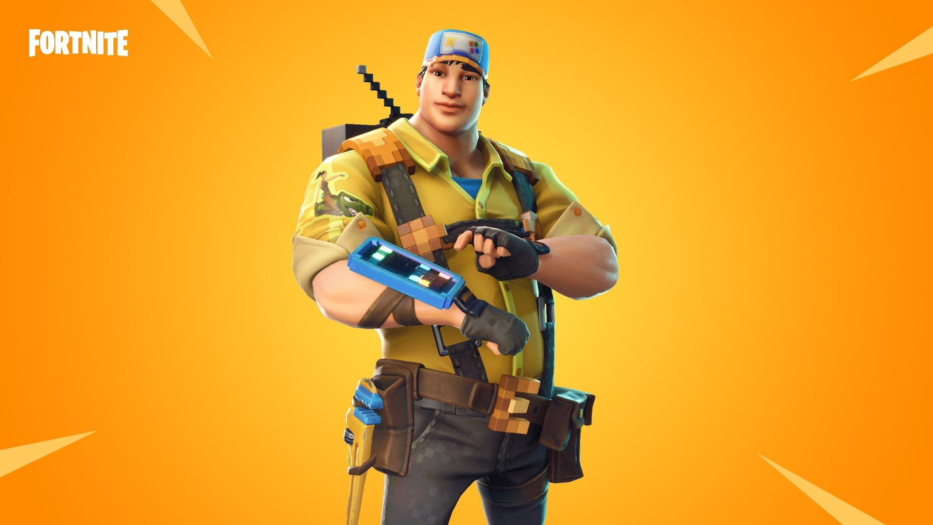 Fortnite character in tactical gear holds a gadget against a bright orange background, rendered in vibrant 4K Ultra HD for PC desktop wallpaper.