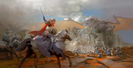 A woman warrior in armor rides a horse wielding a sword, leading a battle near a castle as a dragon looms overhead in this HD fantasy PC wallpaper.