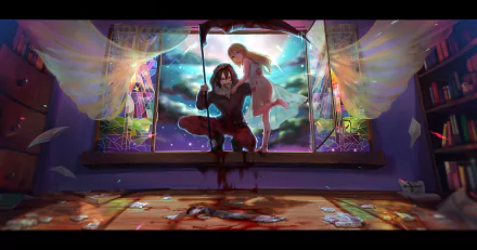 HD anime desktop wallpaper featuring Zack and Rachel Gardner from Angels of Death, standing together in a dimly lit room with a dramatic window scene behind them.