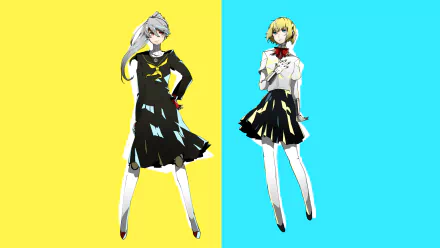 4K Ultra HD PC desktop wallpaper of Aigis (Persona) from the video game Persona 4: Arena — two full-body poses in black school uniforms against a split yellow and cyan background.