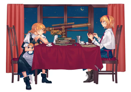 2K Quad HD PC desktop wallpaper — Touhou anime: Alice Margatroid and Marisa Kirisame share tea at a table by a window, telescope and books between them.