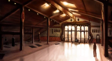 An atmospheric HD wallpaper from the video game The Longest Journey, depicting a spacious interior with decorative elements and sunlight streaming through large windows.