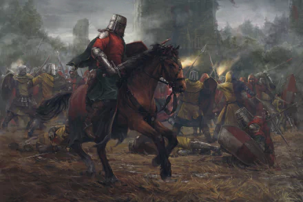 HD desktop wallpaper of a fantasy battle scene featuring armored knights and warriors on horseback, wielding swords amidst the chaos of battle.
