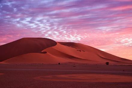 HD desktop wallpaper showcasing a vast desert landscape with smooth sand dunes under a vibrant purple and pink sky at sunset.