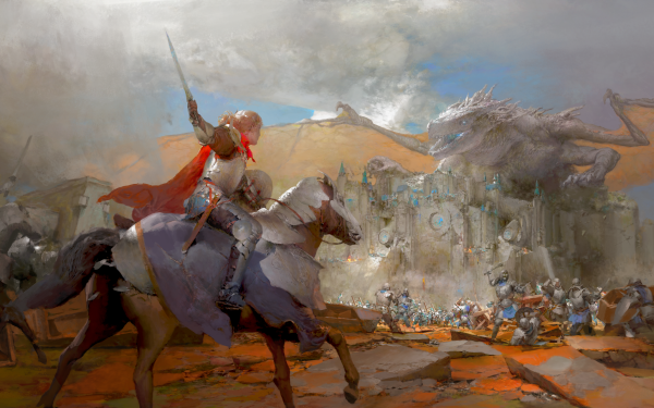 Fantasy Dragon Battle Castle Woman Warrior Horse Sword Armor HD Wallpaper | Background Image