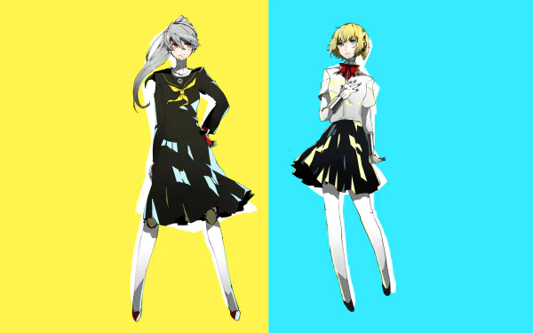 4K Ultra HD PC desktop wallpaper of Aigis (Persona) from the video game Persona 4: Arena — two full-body poses in black school uniforms against a split yellow and cyan background.