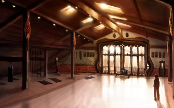 An atmospheric HD wallpaper from the video game The Longest Journey, depicting a spacious interior with decorative elements and sunlight streaming through large windows.