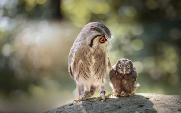 HD desktop wallpaper of a baby owlet with an adult owl, set against a soft bokeh background, showcasing these striking birds in a natural environment.