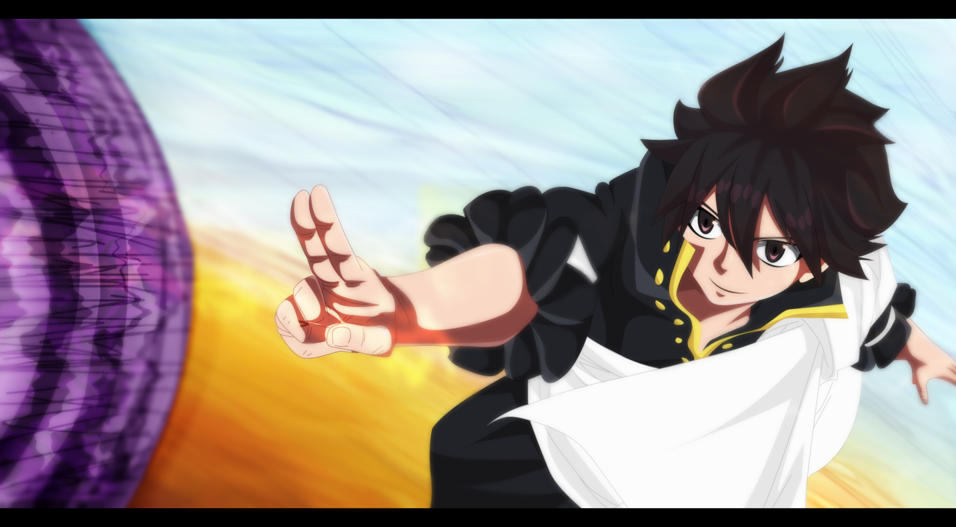 Zeref Dragneel from Fairy Tail in a dynamic pose, unleashing dark magic across a vibrant sky — HD anime PC desktop wallpaper/background.