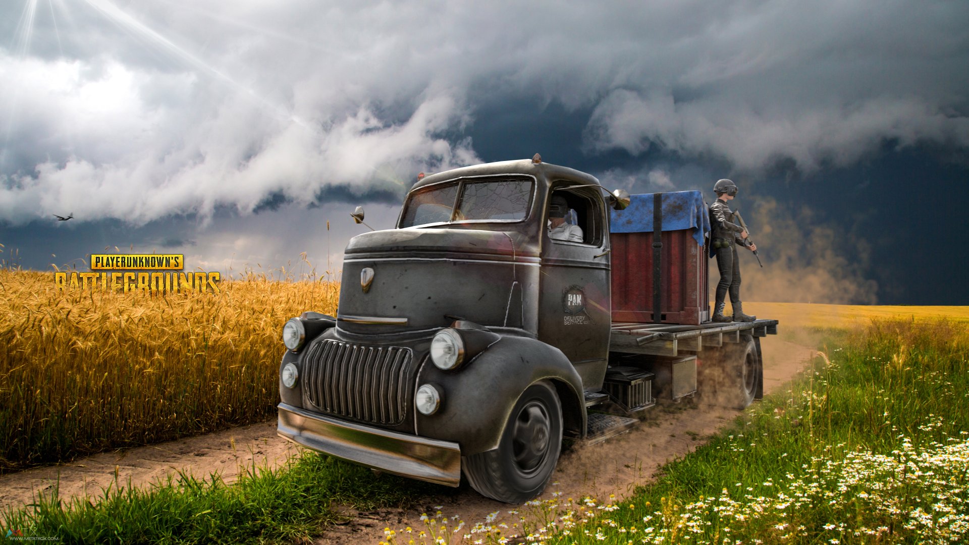 HD desktop wallpaper of Playerunknown's Battlegrounds, featuring an old truck on a dirt road through a field under a dramatic cloudy sky.