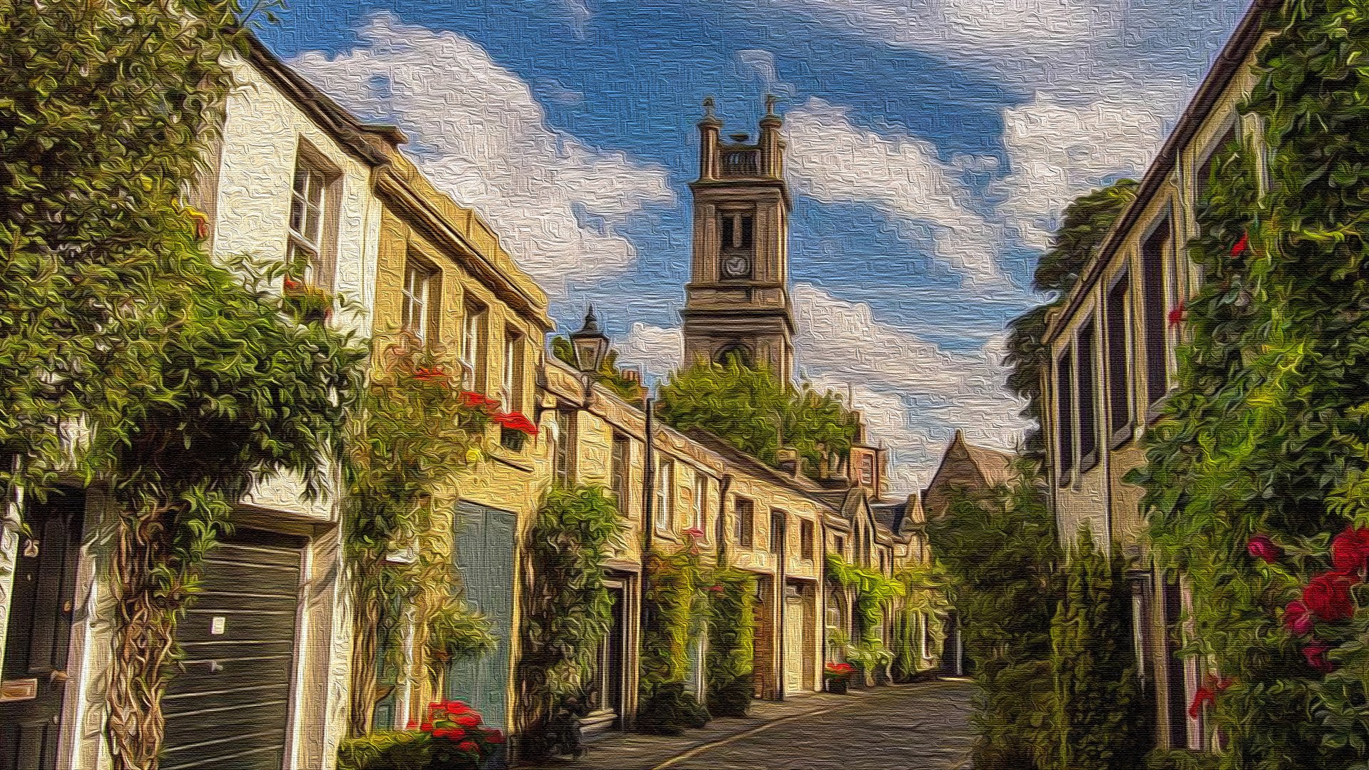 Artistic 4K Ultra HD PC desktop wallpaper: man-made Edinburgh street of stone houses and ivy, leading to a tall church tower beneath a painterly sky.