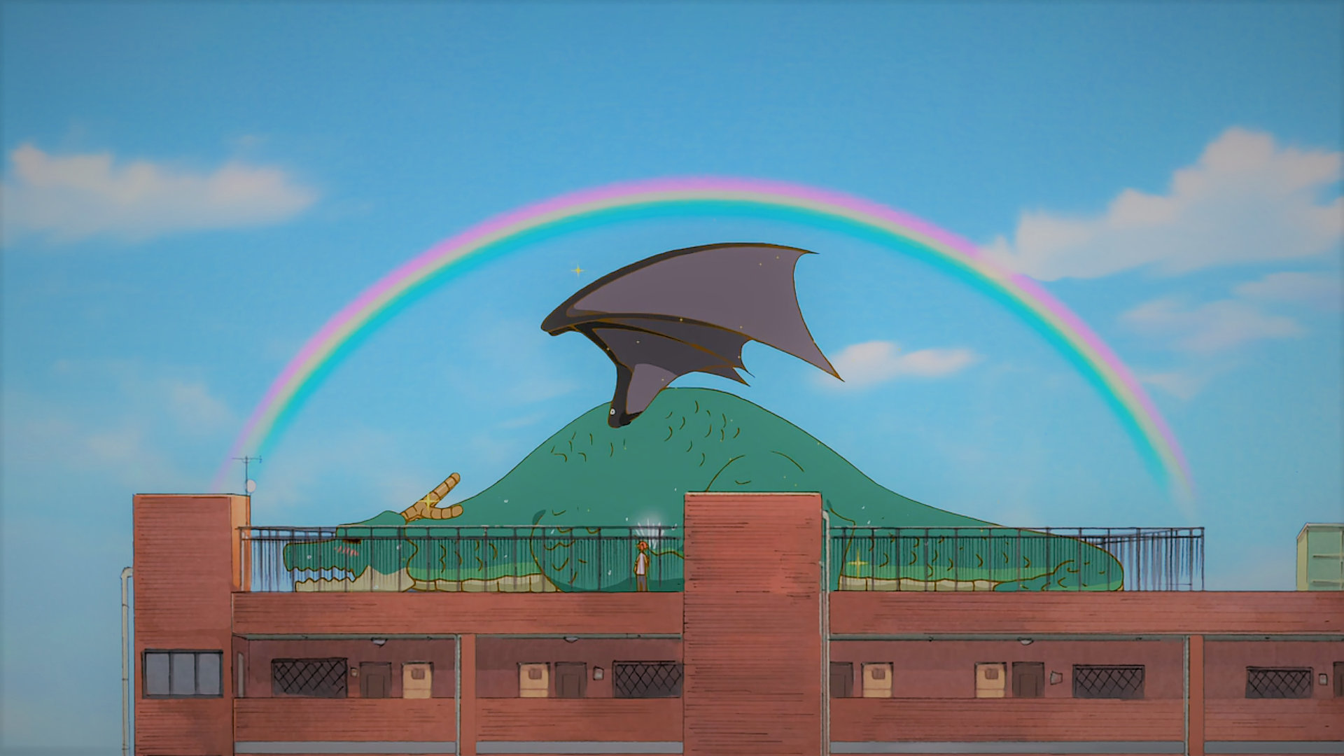 Anime scene from Miss Kobayashi's Dragon Maid featuring Tohru's dragon wings soaring above a rooftop with a colorful rainbow and mountain backdrop in HD desktop wallpaper style.