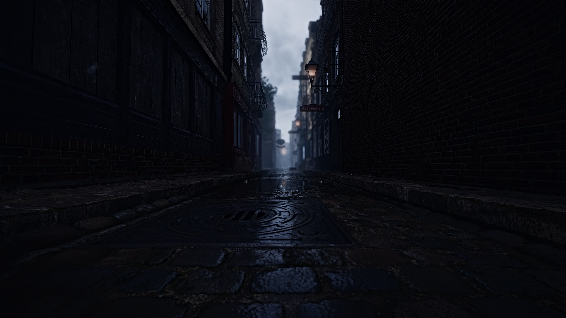 Dark, rain-soaked street with puddles in a moody Battlefield 1 video game scene, rendered in HD for a PC desktop wallpaper.