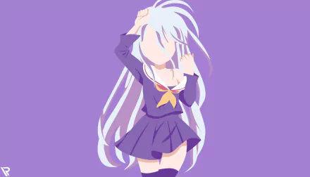 Minimalist 8K Ultra HD anime wallpaper featuring Shiro from No Game No Life in a school uniform with long grey hair and thigh highs on a purple background.