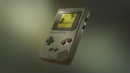 HD PC desktop wallpaper of a vintage Game Boy displaying a Pokémon video game screen against a soft green gradient background.