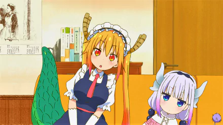 HD PC desktop wallpaper featuring Kanna Kamui and Tohru from the anime Miss Kobayashi's Dragon Maid in a cozy room setting.
