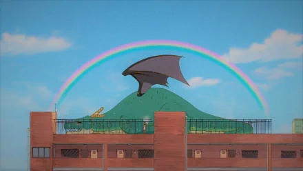 Anime scene from Miss Kobayashi's Dragon Maid featuring Tohru's dragon wings soaring above a rooftop with a colorful rainbow and mountain backdrop in HD desktop wallpaper style.